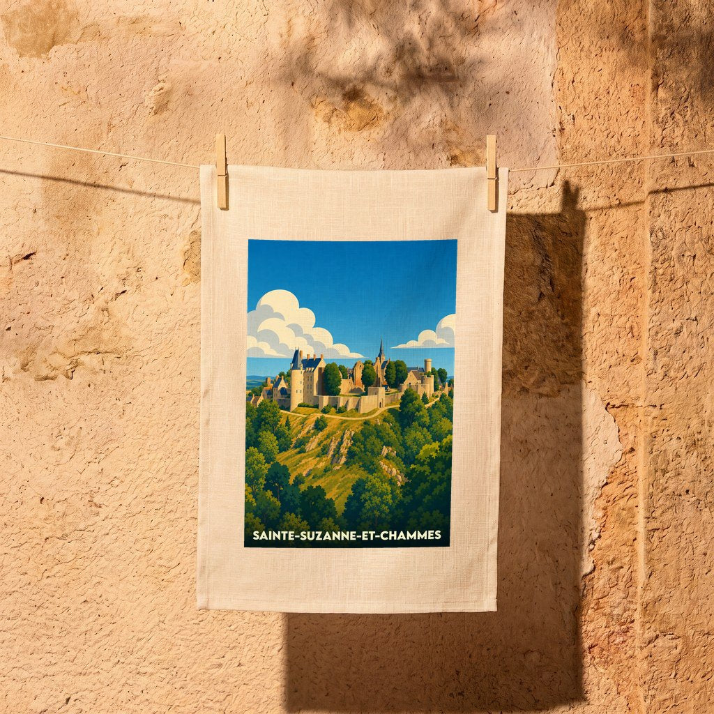 Torchon souvenir de la ville de Sainte-Suzanne-et-Chammes avec une illustration stylisée de sa cité médiévale.