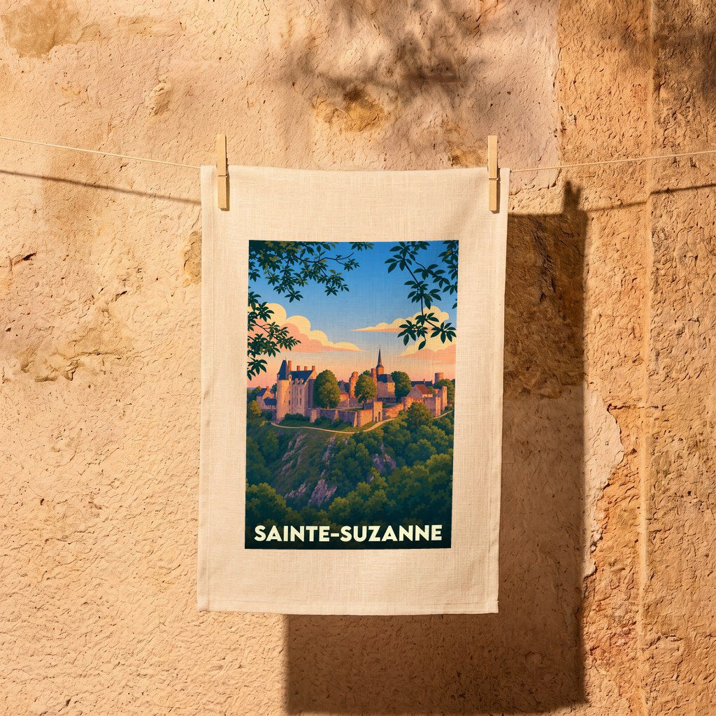 Torchon souvenir de la ville de Sainte-Suzanne orné d'une illustration stylisée de son château médiéval.