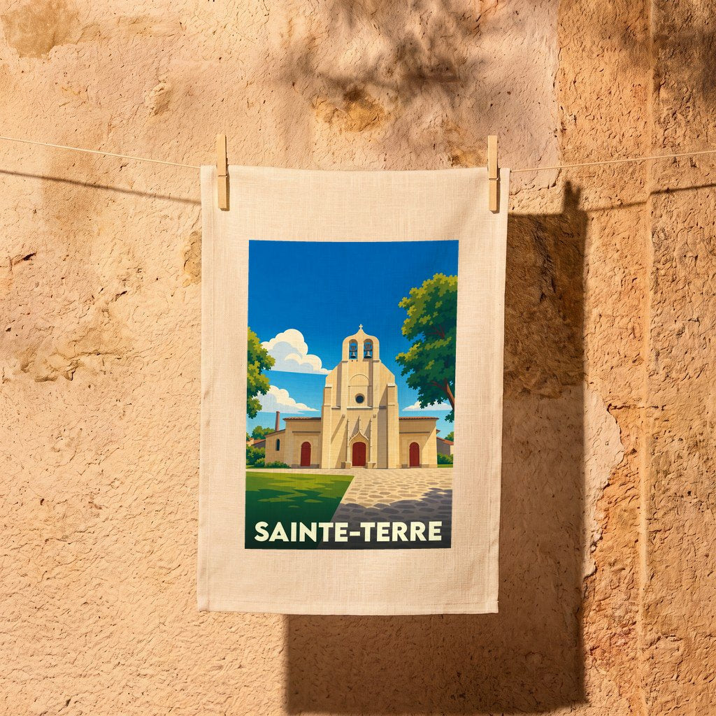 Torchon souvenir de la ville de Sainte-Terre avec une illustration stylisée de son église.