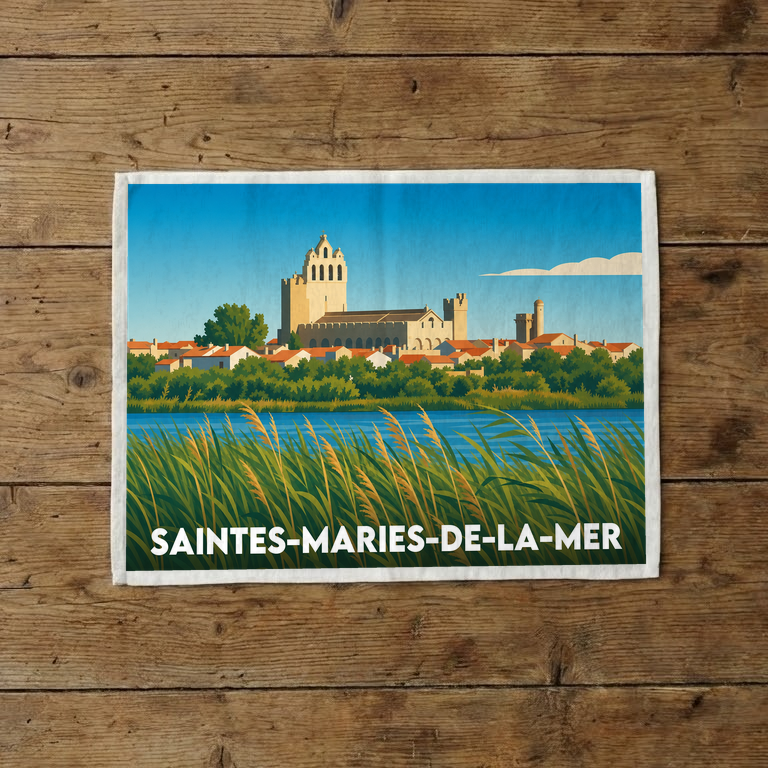 Torchon souvenir de la ville de Saintes-Maries-de-la-Mer avec une illustration stylisée.