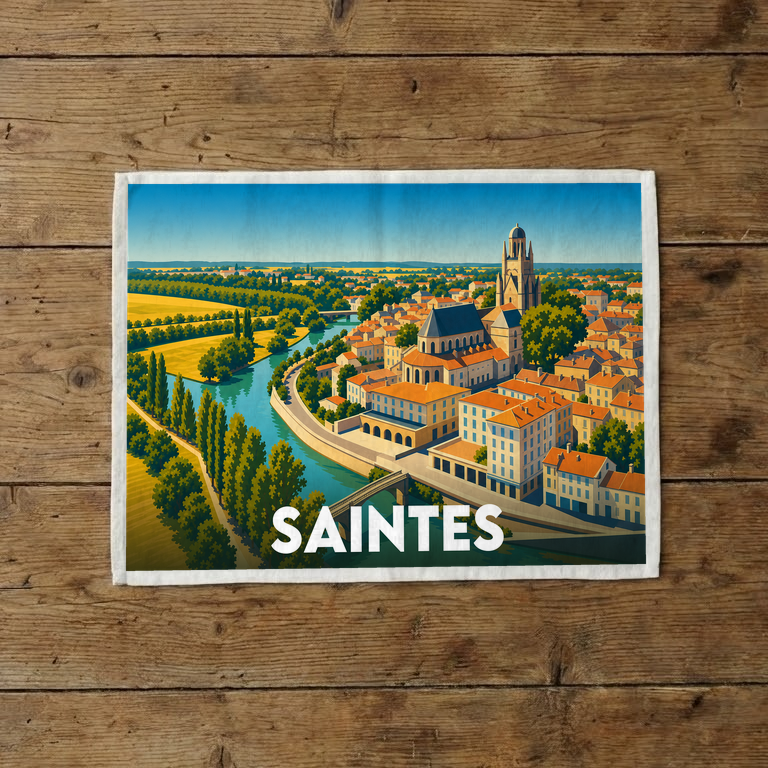 Torchon souvenir de la ville de Saintes avec une illustration stylisée.