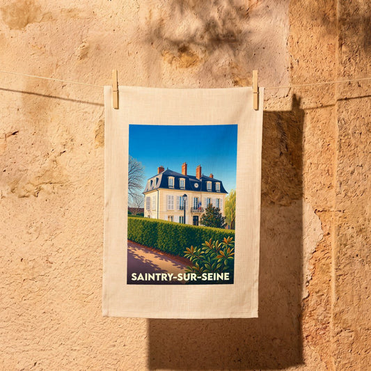 Torchon souvenir de la ville de Saintry-sur-Seine avec une illustration stylisée de sa mairie.