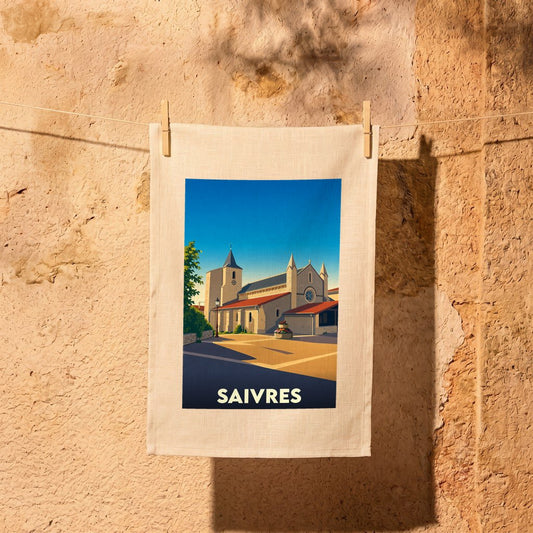 Torchon souvenir de la ville de Saivres avec une illustration stylisée de son église.