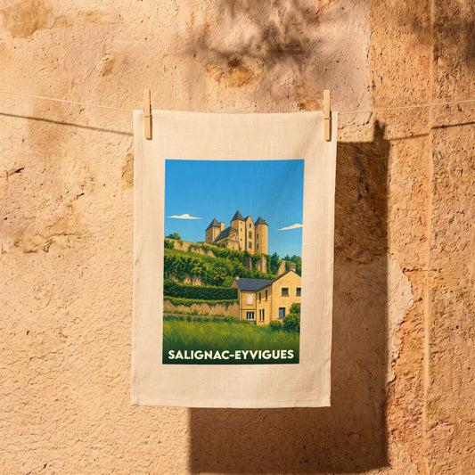 Torchon souvenir de la ville de Salignac-Eyvigues illustré d'une vue stylisée de son château.