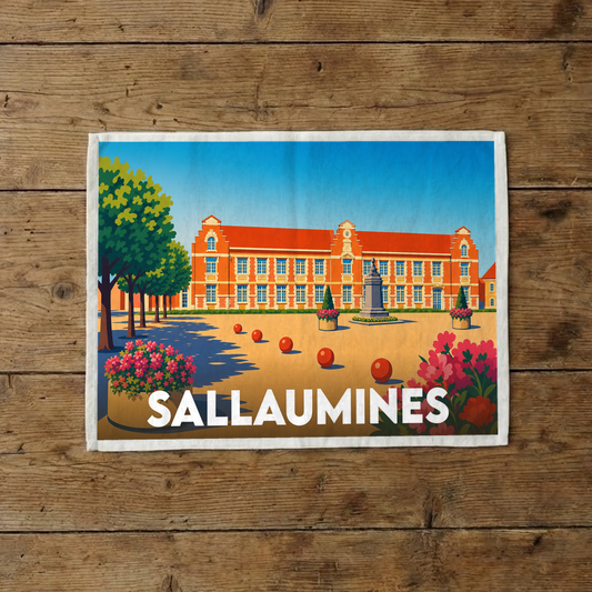 Torchon souvenir de la ville de Sallaumines illustrant le bâtiment de la mairie dans un style graphique et coloré.