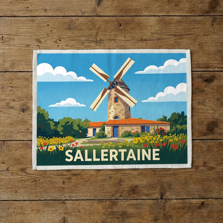 Torchon souvenir de la ville de Sallertaine avec une illustration stylisée de son célèbre moulin à vent.