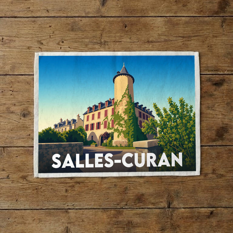 Torchon souvenir de la ville de Salles-Curan avec une illustration stylisée.