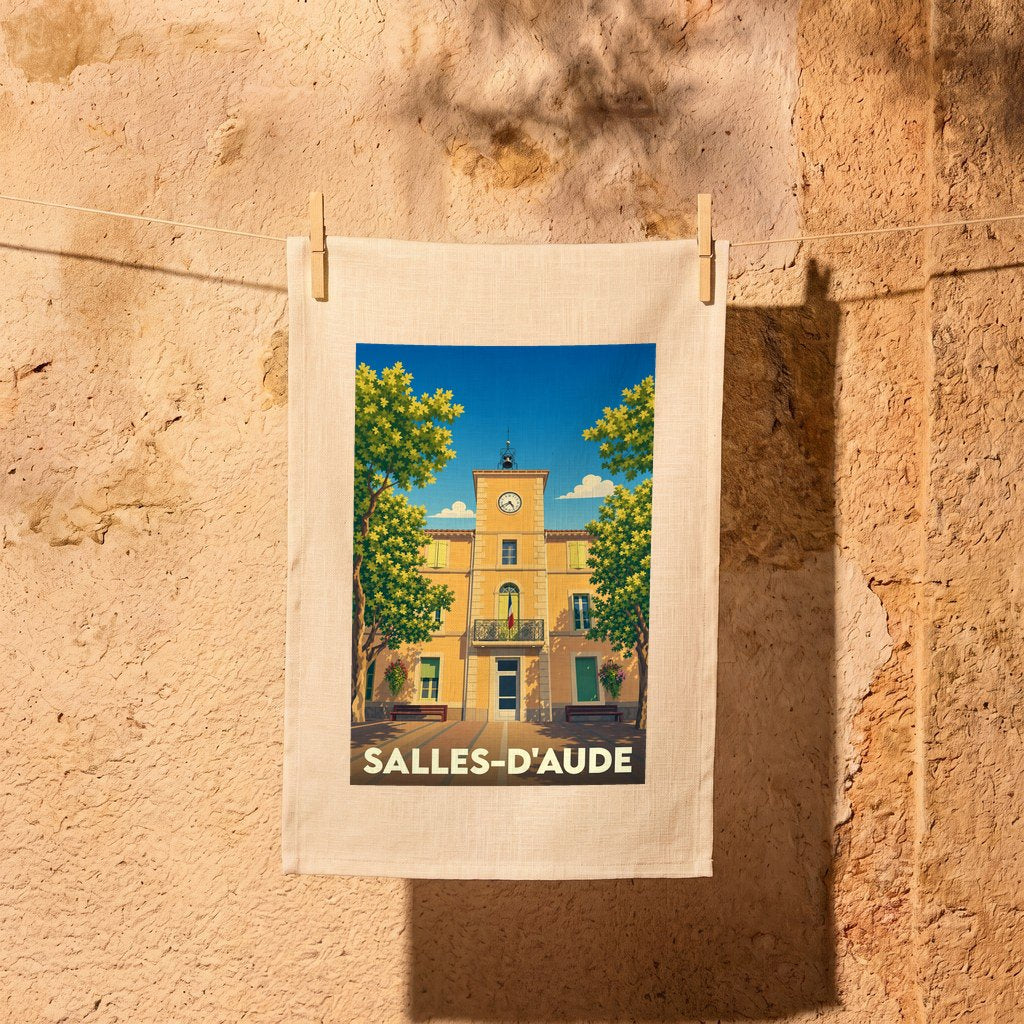Torchon souvenir de la ville de Salles-d'Aude avec une illustration stylisée de sa mairie.