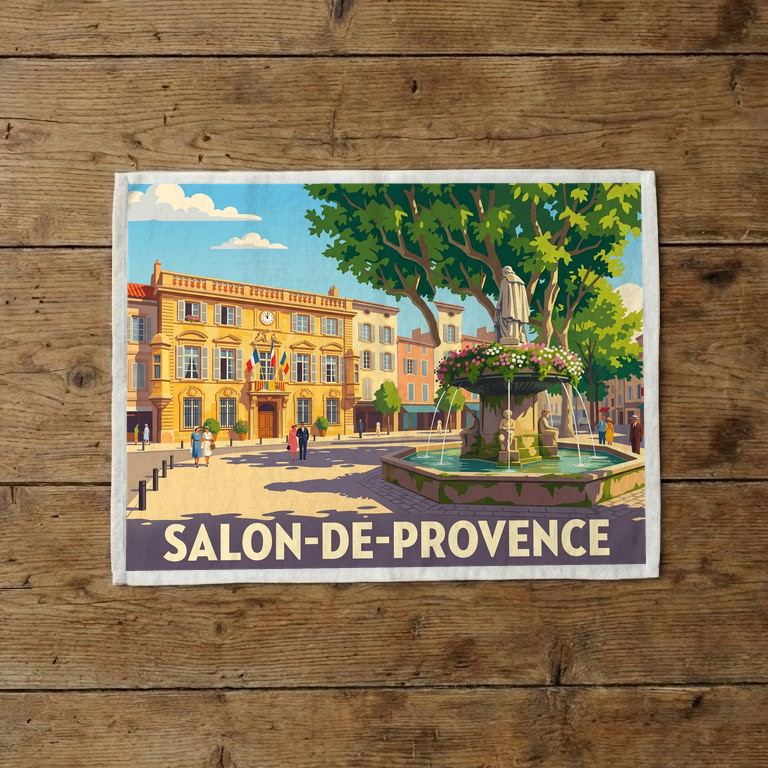 Torchon souvenir de Salon-de-Provence avec une illustration colorée de sa place centrale et de sa fontaine.
