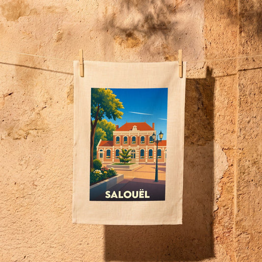 Torchon souvenir de la ville de Salouël avec une illustration stylisée d'un bâtiment emblématique.