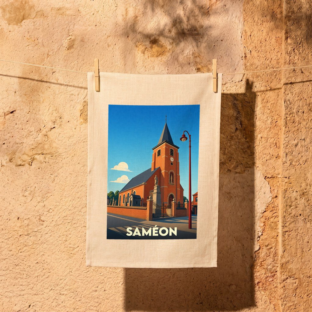 Torchon souvenir de la ville de Saméon avec une illustration stylisée de son église.