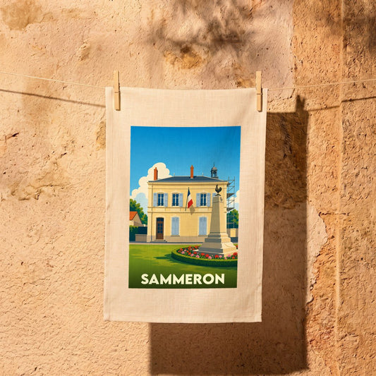 Torchon souvenir de la ville de Sammeron avec une illustration stylisée d'un bâtiment officiel et d'un monument.