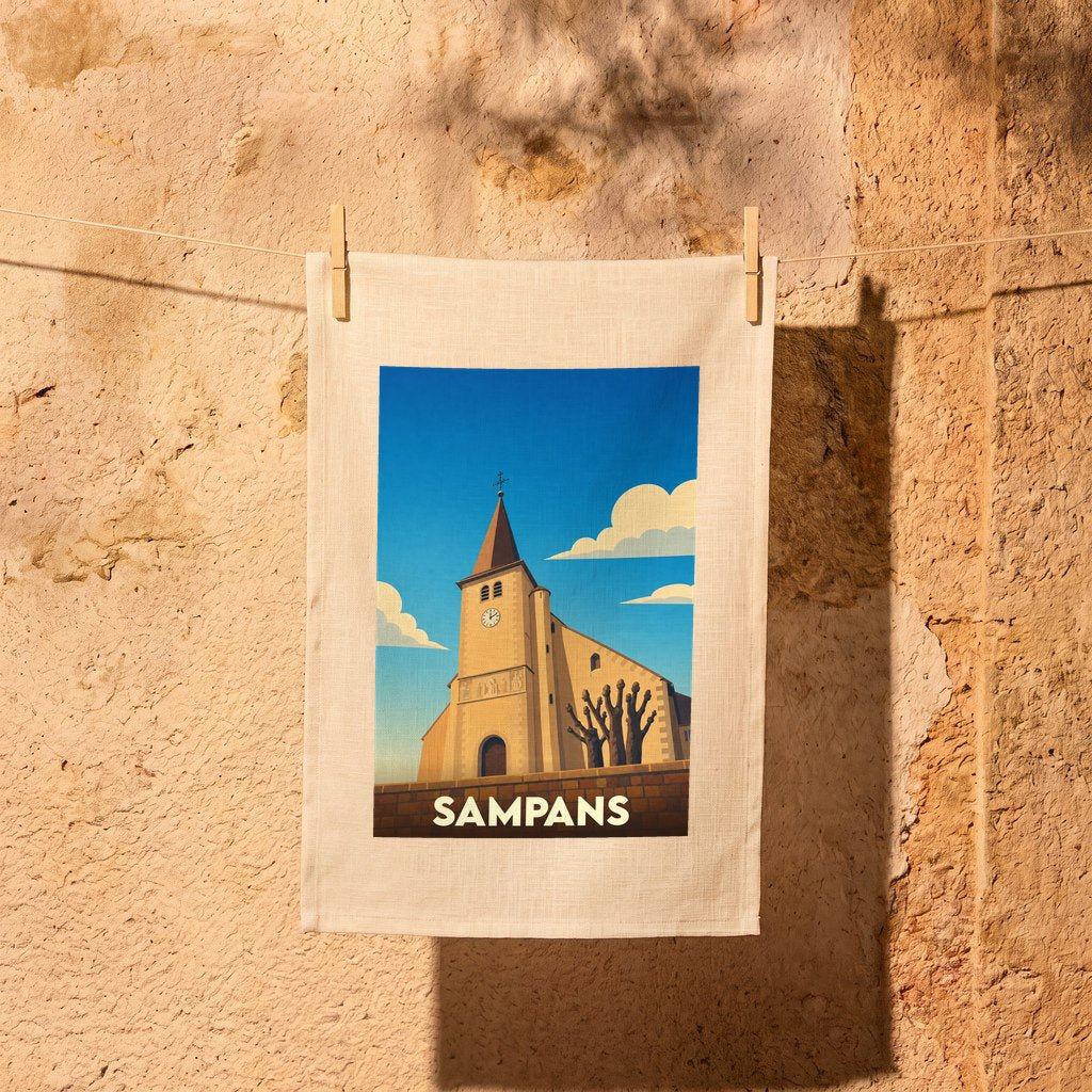 Torchon souvenir de la ville de Sampans avec une illustration stylisée de son église.