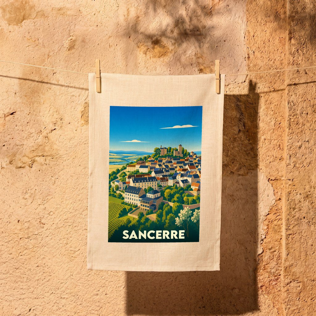 Torchon souvenir de la ville de Sancerre avec une illustration stylisée.