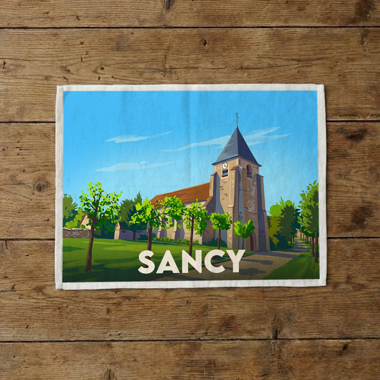 Torchon souvenir de la ville de Sancy avec une illustration stylisée de son église.