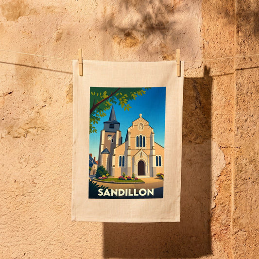 Torchon souvenir de la ville de Sandillon illustré par un dessin stylisé de son église.