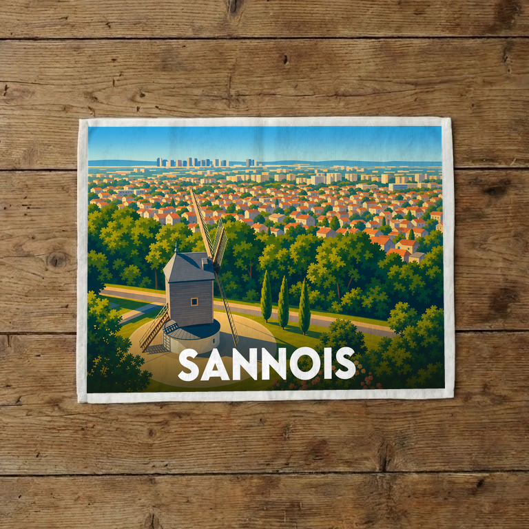 Torchon souvenir de la ville de Sannois illustré par une vue panoramique avec son moulin emblématique.