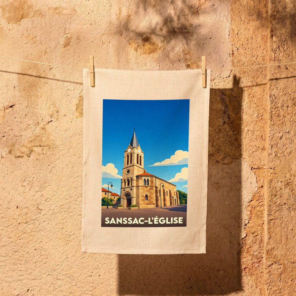 Torchon souvenir de la ville de Sanssac-l'Église avec une illustration stylisée de son église.
