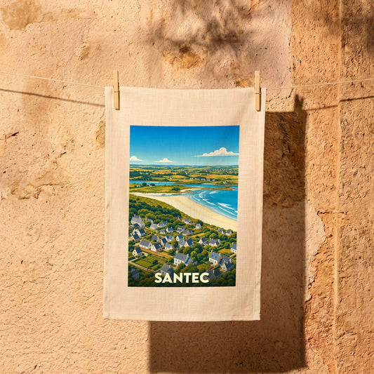 Torchon souvenir de la ville de Santec illustré par un paysage côtier stylisé.