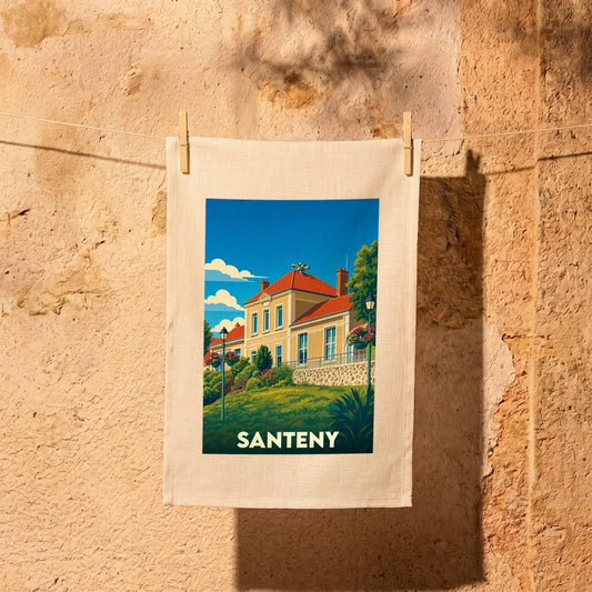 Torchon souvenir de la ville de Santeny avec une illustration stylisée d'une demeure bourgeoise.