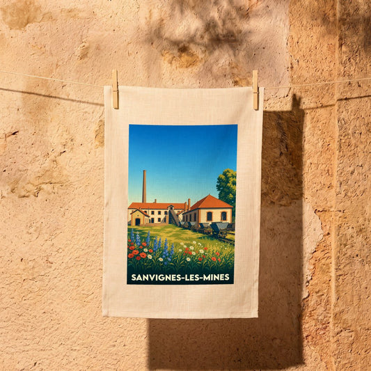Torchon souvenir de la ville de Sanvignes-les-Mines avec une illustration stylisée d'un site minier historique.