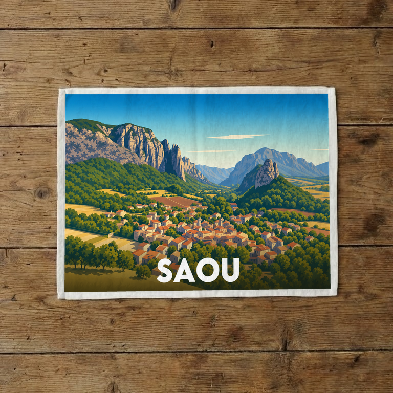 Torchon souvenir de la ville de Saou avec une illustration stylisée.