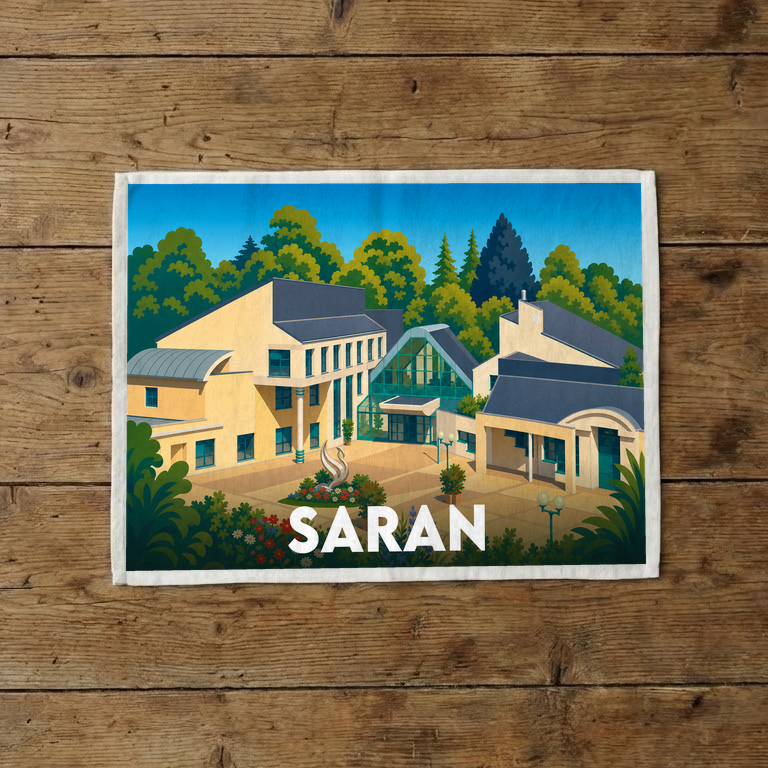 Torchon souvenir de la ville de Saran avec une illustration stylisée de son architecture.