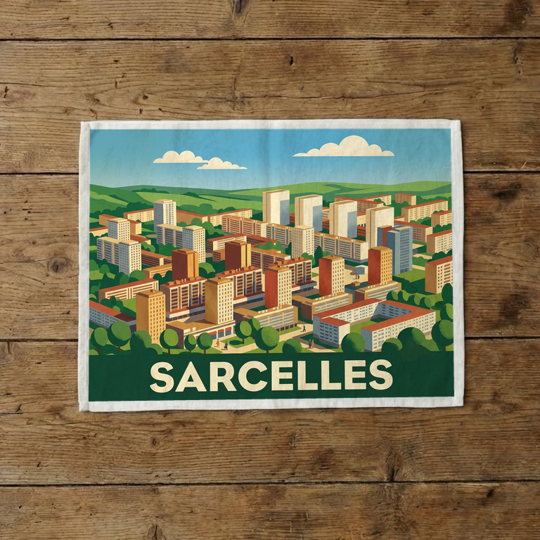 Torchon souvenir de la ville de Sarcelles avec une illustration stylisée.