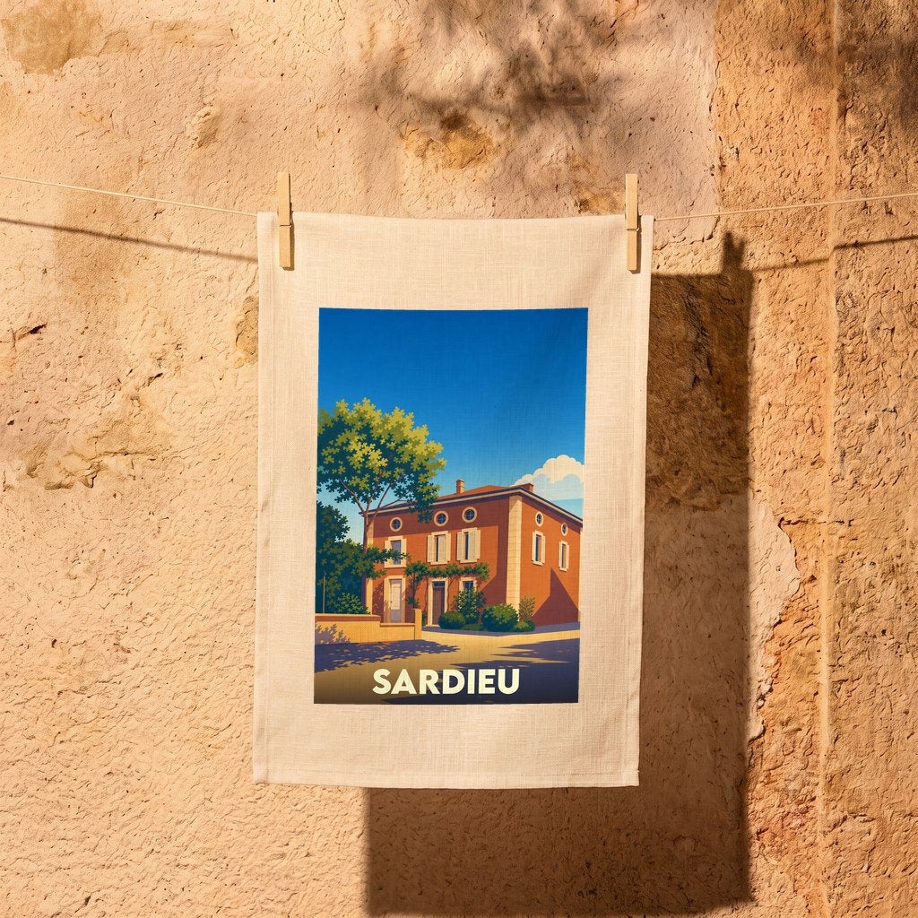 Torchon souvenir de la ville de Sardieu avec une illustration stylisée d'une maison provençale.