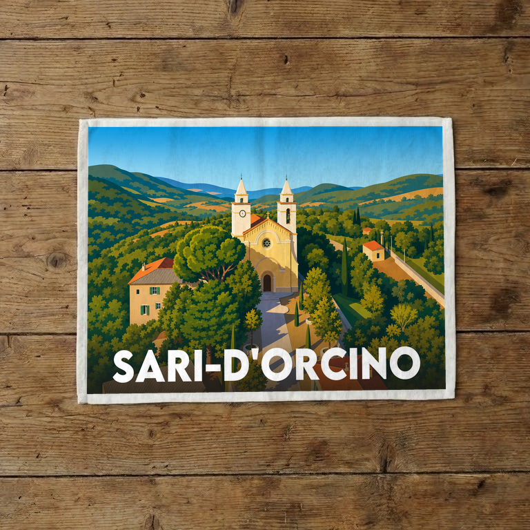 Torchon souvenir de la ville de Sari-d'Orcino avec une illustration stylisée du village.