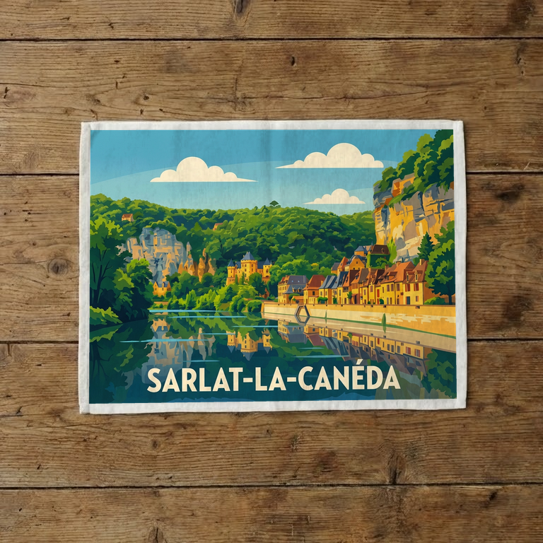 Torchon souvenir de la ville de Sarlat-la-Canéda avec une illustration stylisée.