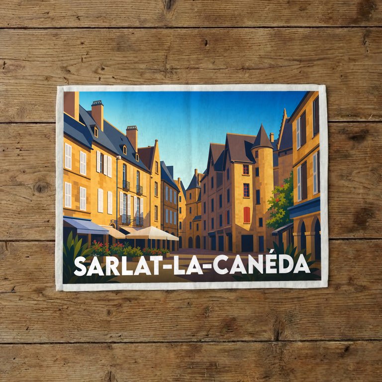 Torchon souvenir de la ville de Sarlat-la-Canéda avec une illustration stylisée d'une rue médiévale.
