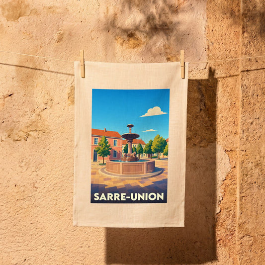 Torchon de cuisine souvenir de la ville de Sarre-Union avec une illustration stylisée d'une fontaine sur une place ensoleillée.