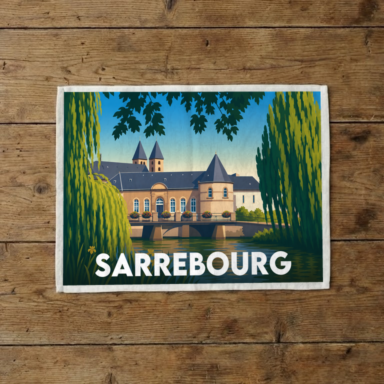 Torchon souvenir de la ville de Sarrebourg avec une illustration stylisée de ses monuments historiques au bord de l'eau.