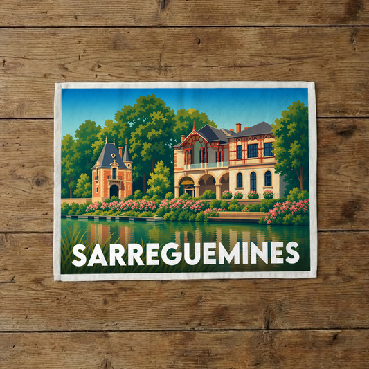 Torchon souvenir de la ville de Sarreguemines avec une illustration stylisée de son architecture au bord de l'eau.
