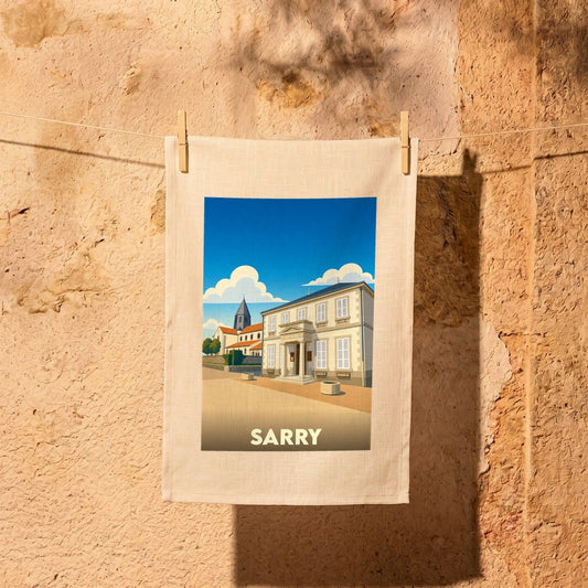 Torchon souvenir de la ville de Sarry avec une illustration stylisée.