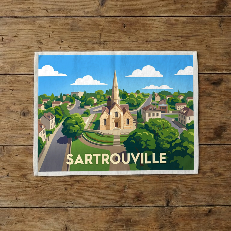Torchon souvenir de la ville de Sartrouville avec une illustration stylisée.