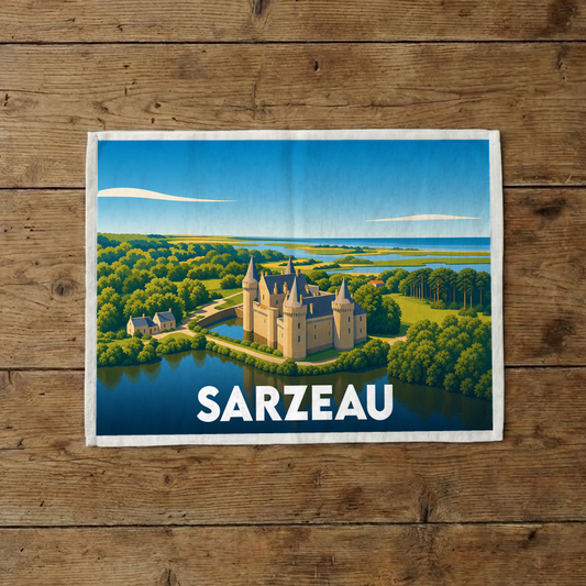 Torchon souvenir de la ville de Sarzeau illustrant son château au bord de l'eau dans un style rétro.