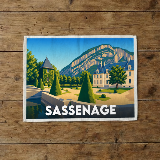 Torchon souvenir de la ville de Sassenage avec une illustration stylisée.