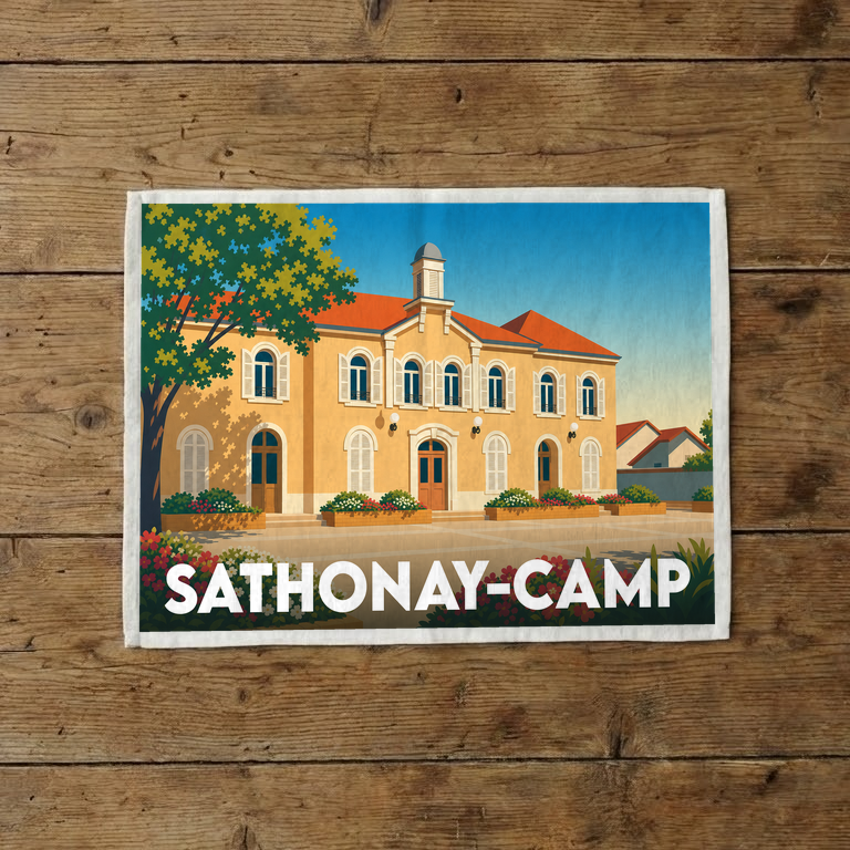 Torchon souvenir de la ville de Sathonay-Camp avec une illustration stylisée de sa mairie.