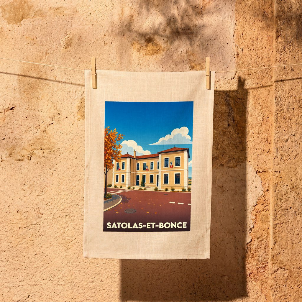 Torchon souvenir de la ville de Satolas-et-Bonce avec une illustration stylisée.
