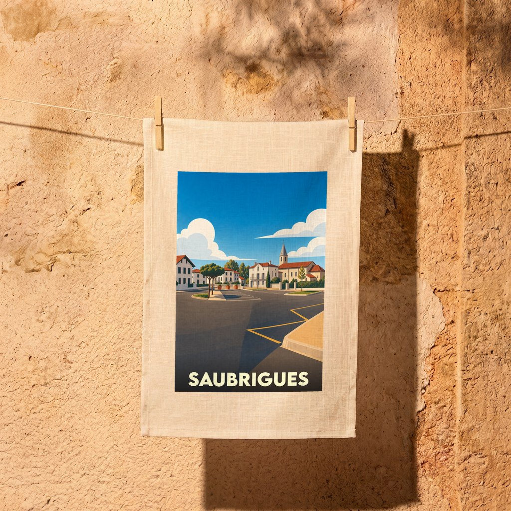 Torchon souvenir de la ville de Saubrigues avec une illustration stylisée.