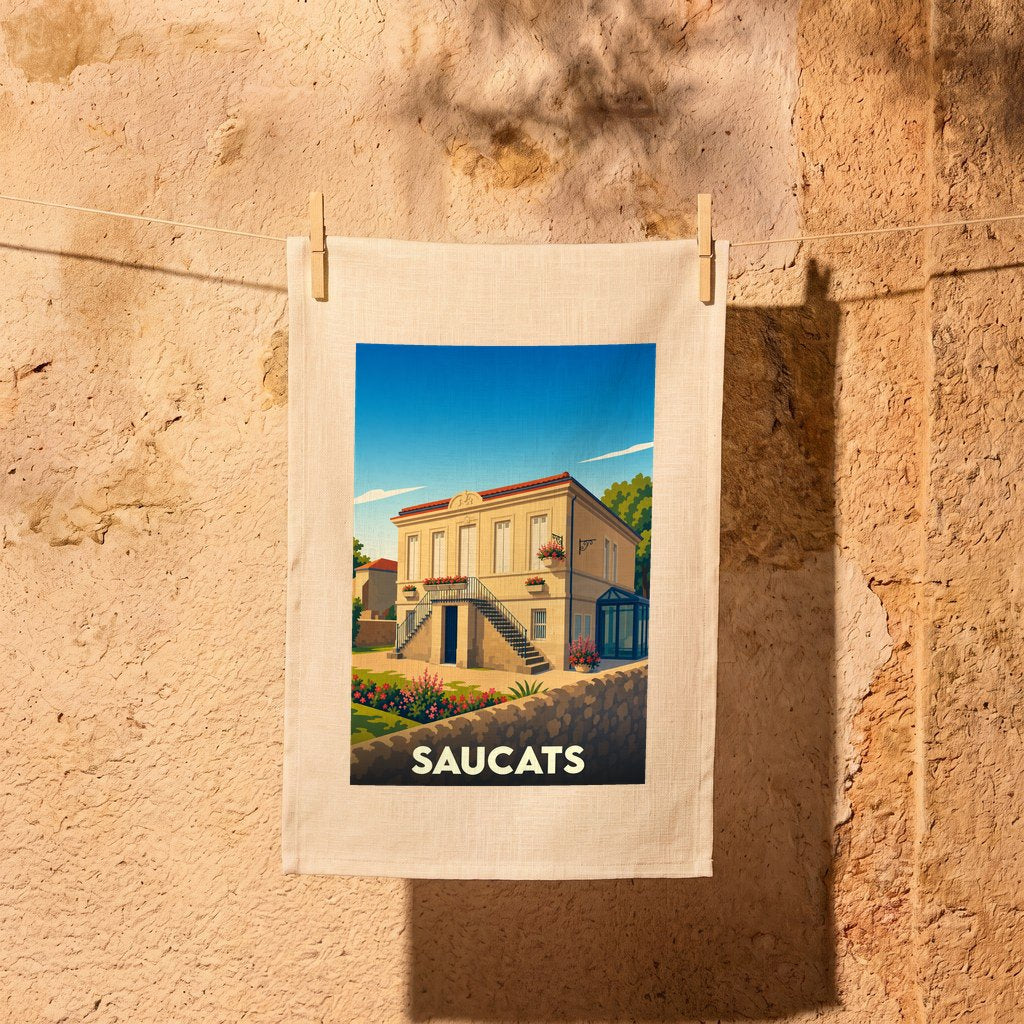Torchon souvenir de la ville de Saucats avec une illustration stylisée d'une maison de maître girondine.