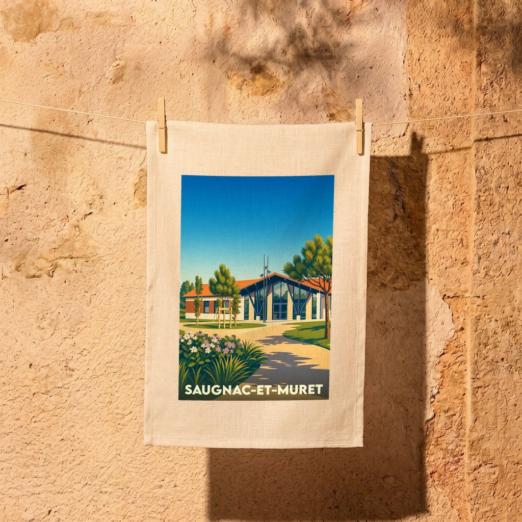 Torchon souvenir de la ville de Saugnac-et-Muret avec une illustration stylisée.