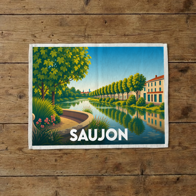 Torchon souvenir de la ville de Saujon avec une illustration stylisée d'un canal bordé d'arbres.