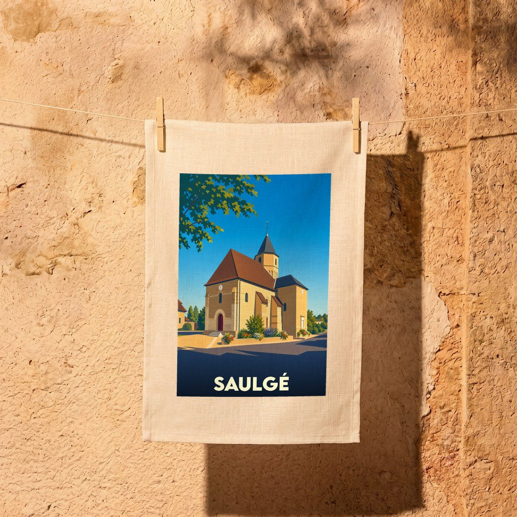 Torchon souvenir de la ville de Saulgé illustré par un dessin stylisé de son église.