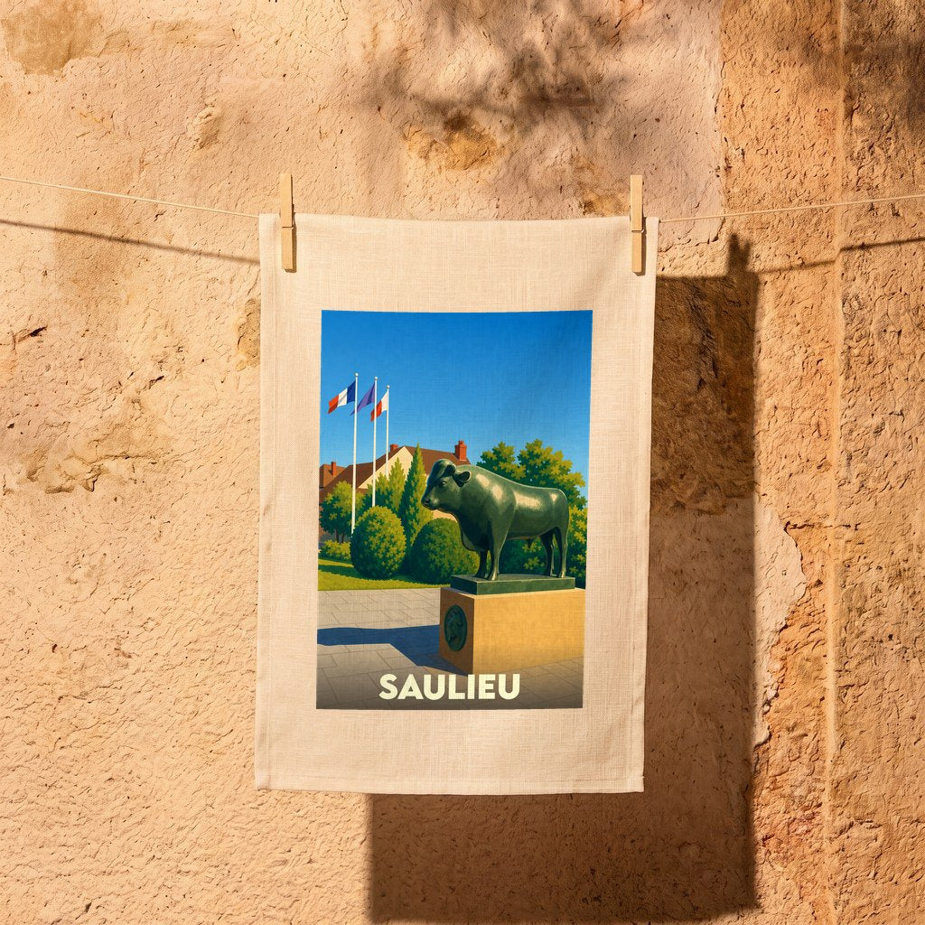 Torchon souvenir de la ville de Saulieu illustré d'une statue de taureau stylisée.