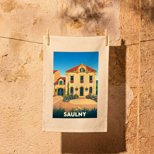 Torchon souvenir de la ville de Saulny avec une illustration stylisée de sa mairie fleurie.
