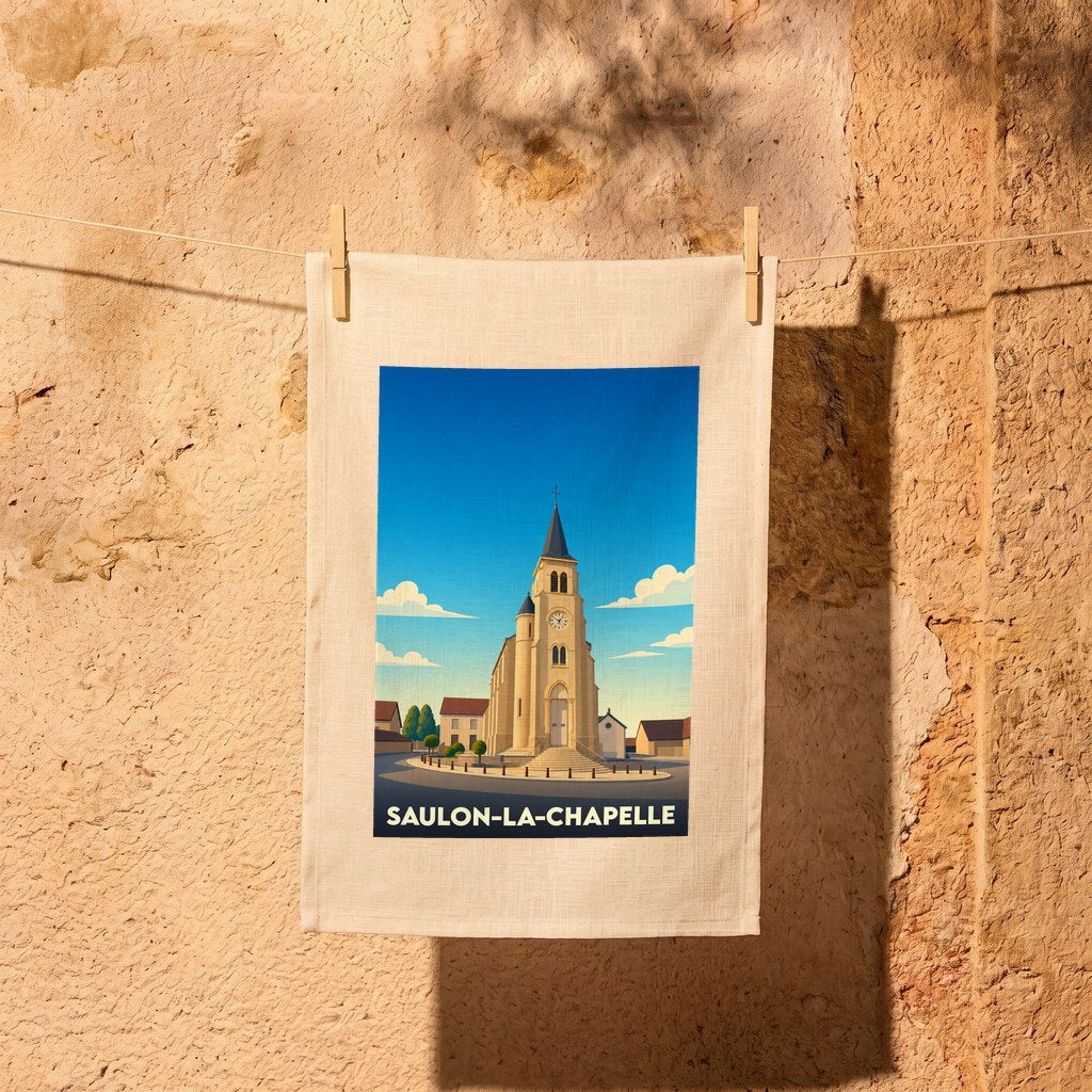 Torchon souvenir de la ville de Saulon-la-Chapelle orné d'une illustration stylisée de son église.