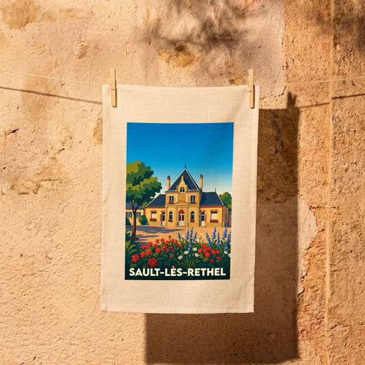 Torchon souvenir de la ville de Sault-lès-Rethel avec une illustration stylisée.